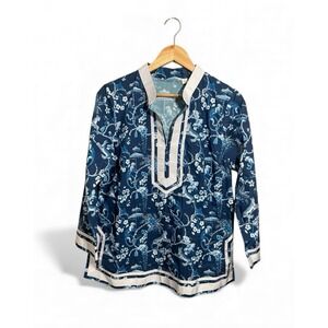 Nicoblu Capri Tunic Top Petite Large Whimsical Jungle Toile Pullover Blue White